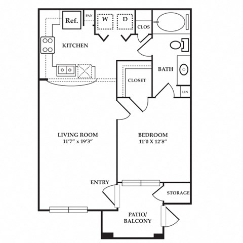 Floor plan for 1 bed, 1 bath, 668 sqft